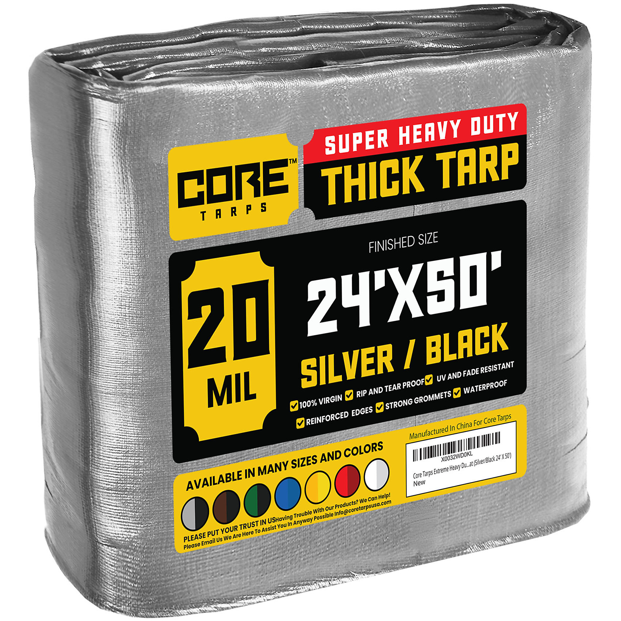 Core Tarps Extreme Heavy Duty 20 Mil Tarp Cover, Waterproof, UV Resistant, Rip and Tear Proof, Poly Tarpaulin with Reinforced Edges for Roof, Camping, Patio, Pool , Boat (Silver/Black 24' X 50')